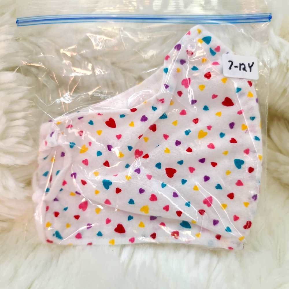 Mask, child size 7-12, multicolor hearts on white, new, 100% cotton